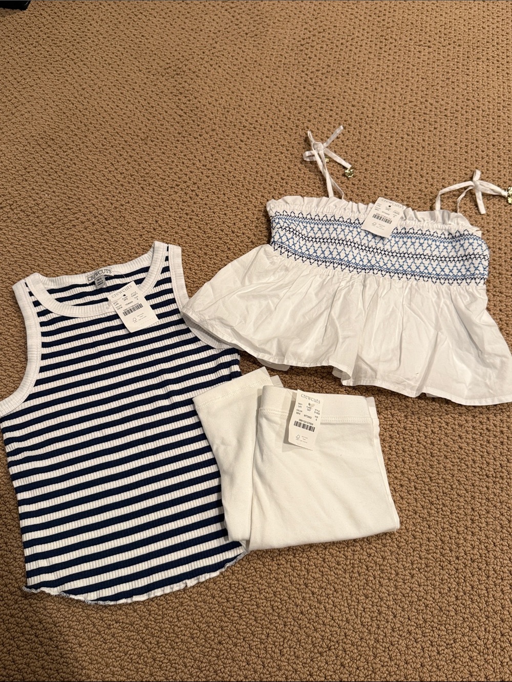 Crewcuts Girls White Smocked Tank Top & Navy Stripe Ribbed Tank Set